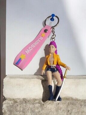 K-pop Pink Rainbow Star Keychain with Figure and Sword